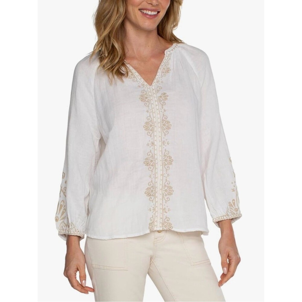 💠 Liverpool Womens Long Sleeve Embroidered Double Gauze Woven Top Size S